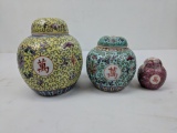 3 Asian Decorative Jars, Yellow/Aqua/Pink, Made in China