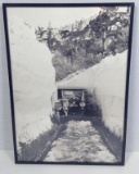 Picture Framed Black and White Photo of Classic Car Running through the Snow