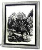 Etching of a Bugling Elk (Wapiti) by Bill O'Neill in 1977...