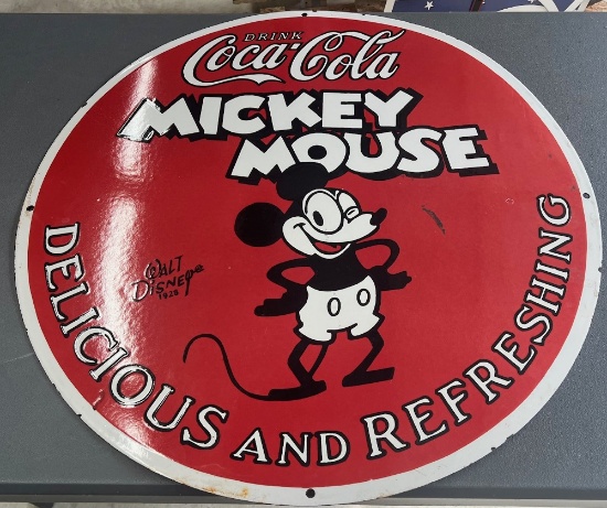 Coca-Cola and Mickey Mouse Single Sided Porcelain Sign
