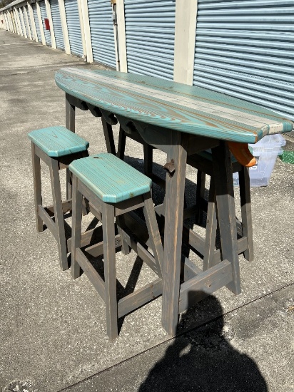 Wooden Surfboard Bar with Bar Stools