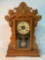 SETH THOMAS OAK KITCHEN CLOCK WITH APPLIED METAL GINGERBREAD AND DECORATED GLASS DOOR 15