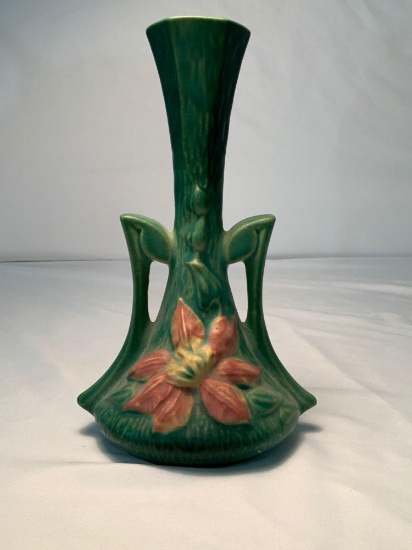 ROSEVILLE 187-7 INCH 2 HANDLED BUD VASE CLEMATIS PATTERN