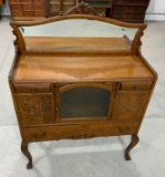 QUARTER SAWN OAK BUFFET SERVER QUEEN ANNE LEGS CARVED DOORS AND DRAWER FROSTED GLASS BEVELED MIRROR