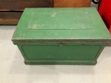 WOODEN CARPENTER'S TOOL BOX WITH GREEN PAINT WITH RAISED PANEL LID AND ORIGINAL KEY