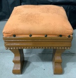 OAK FOOTSTOOL WITH BEADED SKIRT AND UPHOLSTERED TOP 10.5