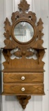 OAK TWO DRAWER SHAVING MIRROR WALL HANGING PIECE WITH CANDLE SHELVES AND CARVING