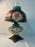 IRON BASE VICTORIAN OIL LAMP WITH PAINTED ROSE DECORATION 16