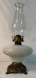 IRON BASE MILK GLASS OIL LAMP 16