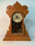 ANSONIA OAK CARVED KITCHEN CLOCK WITH KEY AND PENDULUM 15