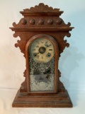 HANDEL VICTORIAN WALNUT KITCHEN CLOCK WITH FROSTED GLASS SCENE ON DOOR WITH KEY AND PENDULUM CARVED