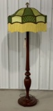 WOODEN FLOOR LAMP WITH TURNED BASE AND FLUTED STEM WITH OLD CLOTH AND TASSLE SHADE 72