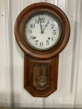 OLD OAK ROUND FACE WALL CLOCK WITH CLOCK KEY AND PENDULUM 12