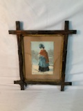 VICTORIAN WALNUT CROSS HATCH FRAME WITH VICTORIAN LADY PICTURE 8 X 10 FRAME