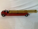 KINGSBURY PRESSED METAL FIRE ENGINE LADDER TRUCK WITH CAST IRON MAN, ORIGINAL PAINT & RUBBER TIRES