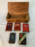 LOT OF 5 TOBACCO TINS IN A WOODEN TEMPLE SWEEPER CIGAR ADVERTISING BOX