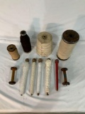 MISC ARRANGEMENT OF OLD WOODEN SPOOLS WITH THREADS AND LACE