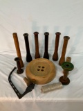 MISC BOX OF ASSORTED WOODEN SPOOLS AND A CAST IRON STRING HOLDER