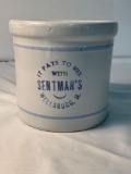 SENTMAN'S IT PAYS TO MIX WELLSBURG, IA ADVERTISING BLUE BAND BEATER JAR