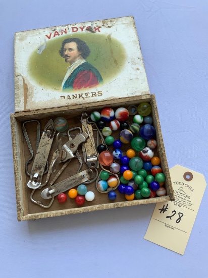 MARBLES, VAN DYCK CIGAR BOX, SEVERAL ADVERTISING CAN/BOTTLE OPENERS