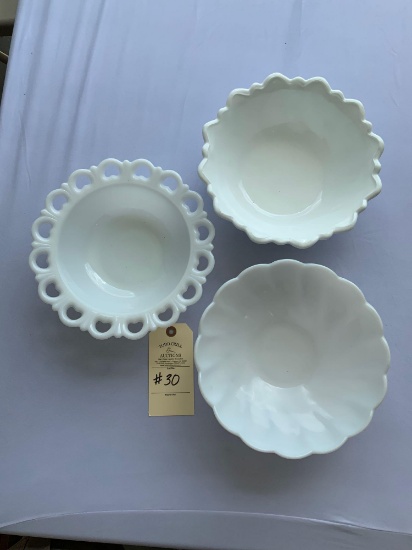 THREE WHITE MILK GLASS SERVING BOWLS