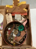 TIN OF VINTAGE BUTTONS, ZIPPERS AND CHILD'S WOODEN PULL TOY