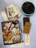 TIN WITH BEADS/BUTTONS, POSTCARDS, WALLET, BANK BOOK, USED STAMPS AND MISC. FLAT