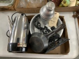 Antique shaker, ToastMaster coffee pot, misc kitchenware