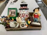 Snowman cookie jar, clowns and other decor
