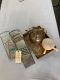 Two Fire King dishes with lids, tea pot, antique grates