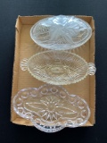 THREE PIECES OF GLASS DISHES ONE WITH LID