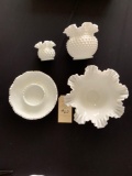 FOUR PIECES OF HOBNAIL MILK GLASS DISHES