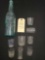 AQUA MILLER BOTTLE AND 8 ADVERTISING SHOT GLASSES