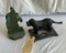 CAST IRON DOG NUT CRACKER AND FOLK ART WOODEN ELEPHANT (OLD)