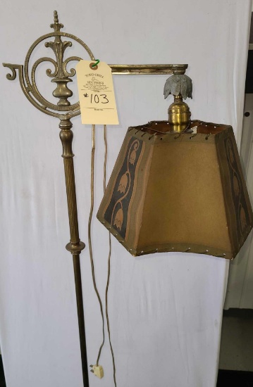 BRASS BRIDGE FLOOR LAMP WITH VINTAGE SHADE