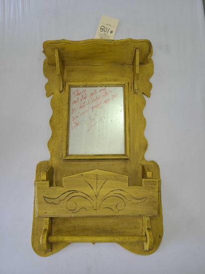 ANTIQUE WOODEN SHAVING MIRROR WITH SHELF AND TOWEL HOLDER