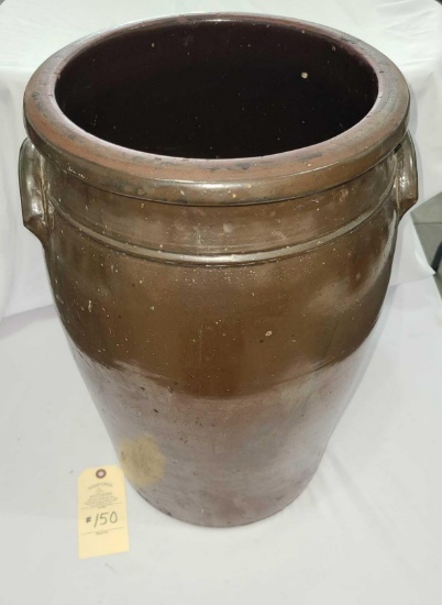 BROWN EIGHT GALLON CHURN TYPE HANDLED CROCK