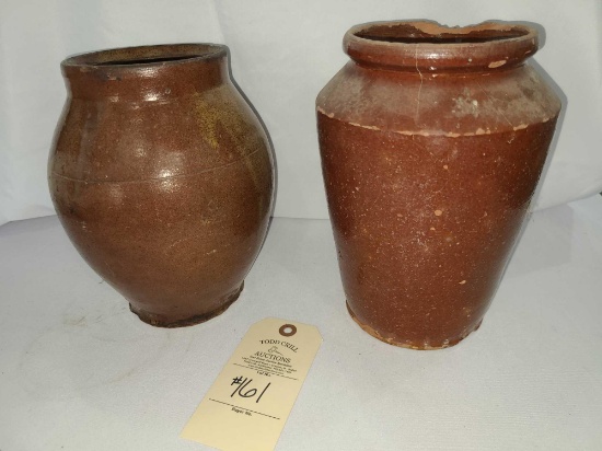 TWO CLAY POTTERY JARS (SOME DAMAGE)