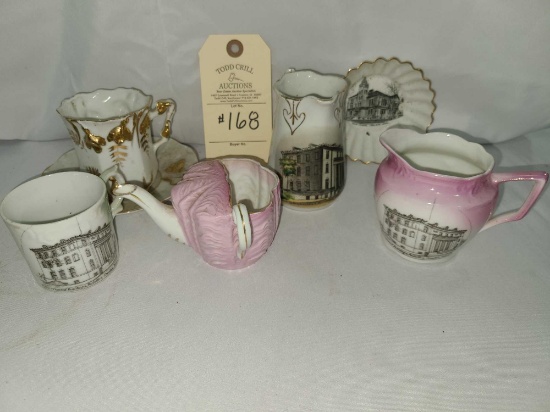 CRESTON, IA ADVERTISING HISTORY SM CREAM/SUGAR, CREAMER, GOLD RIMMED SAUCER, CUP