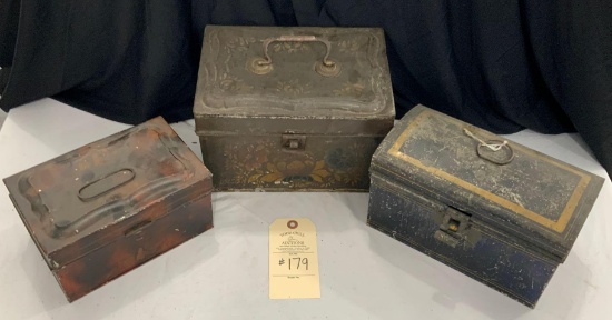 THREE ANTIQUE TIN DOCUMENT/ CASH BOXES
