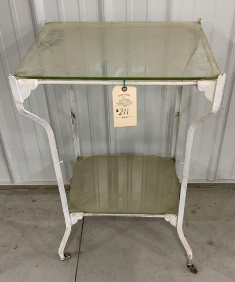 VINTAGE MEDICAL METAL SIDE TABLE WITH GLASS TOP