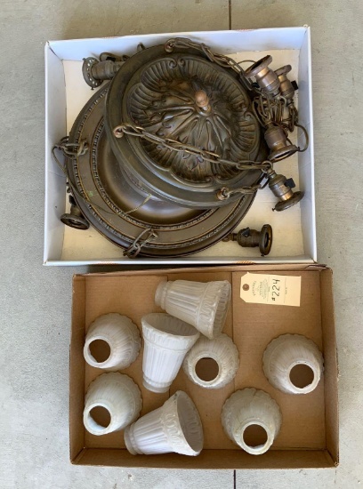 ANTIQUE CEILING LIGHT WITH 8 FROSTED SHADES (ONE DAMAGED)