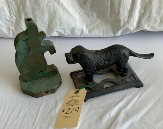CAST IRON DOG NUT CRACKER AND FOLK ART WOODEN ELEPHANT (OLD)
