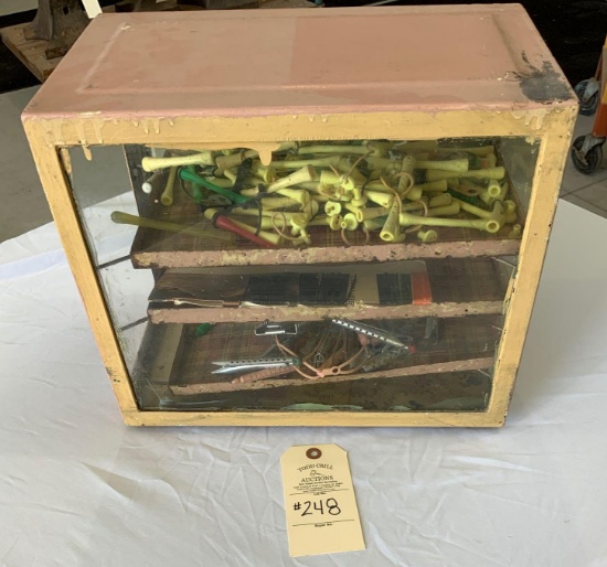 METAL STERILIZER CABINET WITH VINTAGE SALON ITEMS