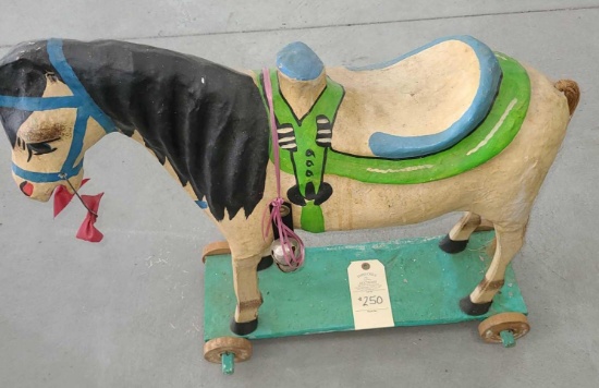 PAPER MACHE HORSE WITH CART/WHEELS