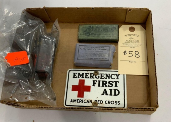 RED CROSS SIGN AND MEDICINE BOXES