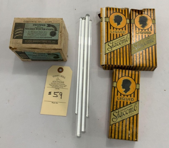 ANTIQUE MEDICINE BOTTLES WITH BOXES AND WOUND CLIPS/BOX