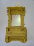 ANTIQUE WOODEN SHAVING MIRROR WITH SHELF AND TOWEL HOLDER