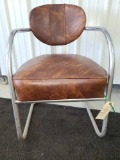 VINTAGE METAL BASED/ARM CHAIR WITH LEATHER SEAT/BACK