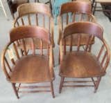 FOUR ANTIQUE WOODEN BARREL BACK CHAIRS